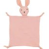 A pink bunny shaped muslin comforter blanket for a baby