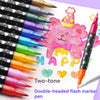 A set of two-tone double-headed flash markers with glitter tips in various colors, including pink and purple.