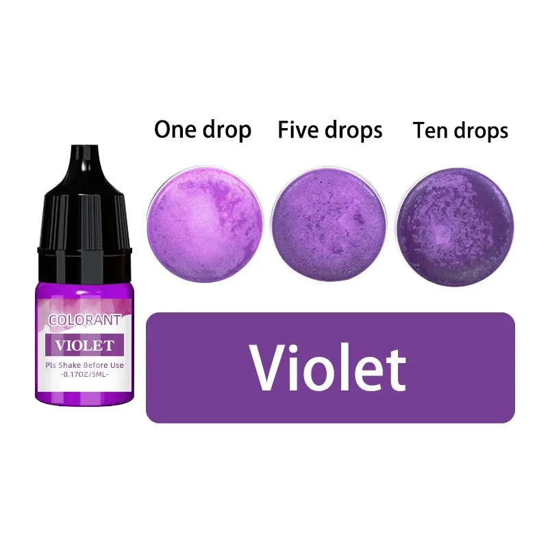 A set of violet liquid candle wax pigment drops showing one, five, and ten drops on a purple background.