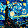 An oil painting depicting a vibrant night sky with swirling blues and yellows above dark silhouettes of trees and buildings.
