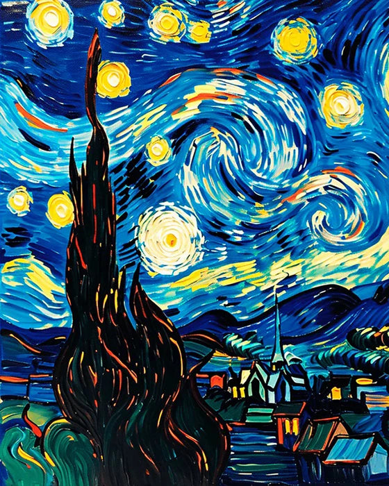 An oil painting depicting a vibrant night sky with swirling blues and yellows above dark silhouettes of trees and buildings.