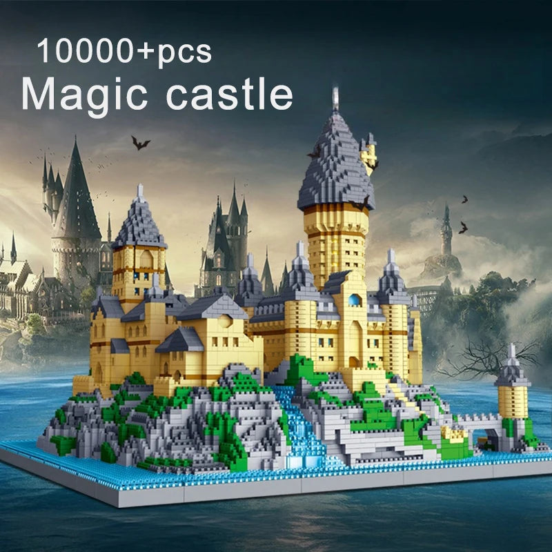 A large yellow magic castle built from LEGO bricks on an island with green landscaping and blue water.