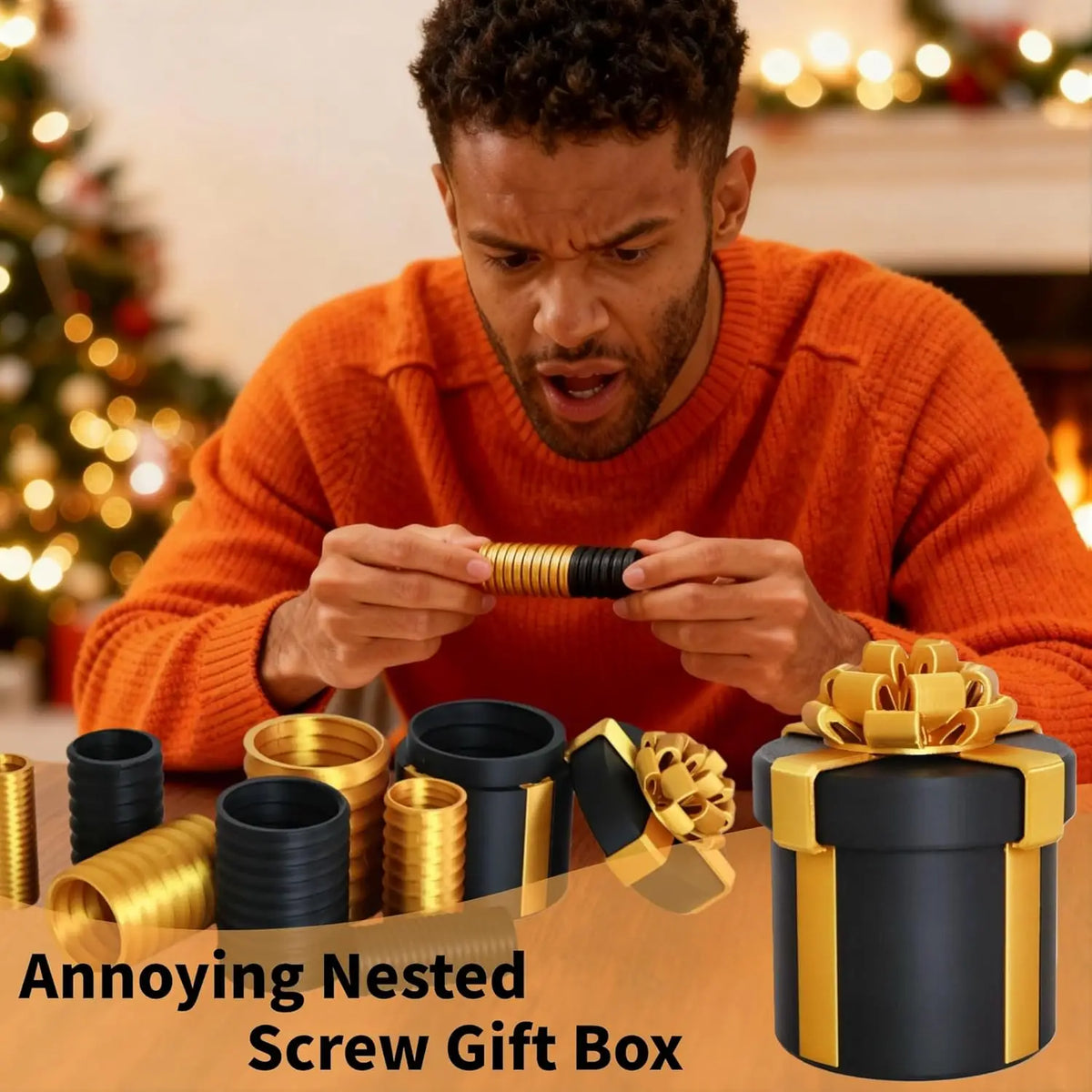 A man is examining a nested screw gift box, demonstrating the annoying nature of the puzzle box.