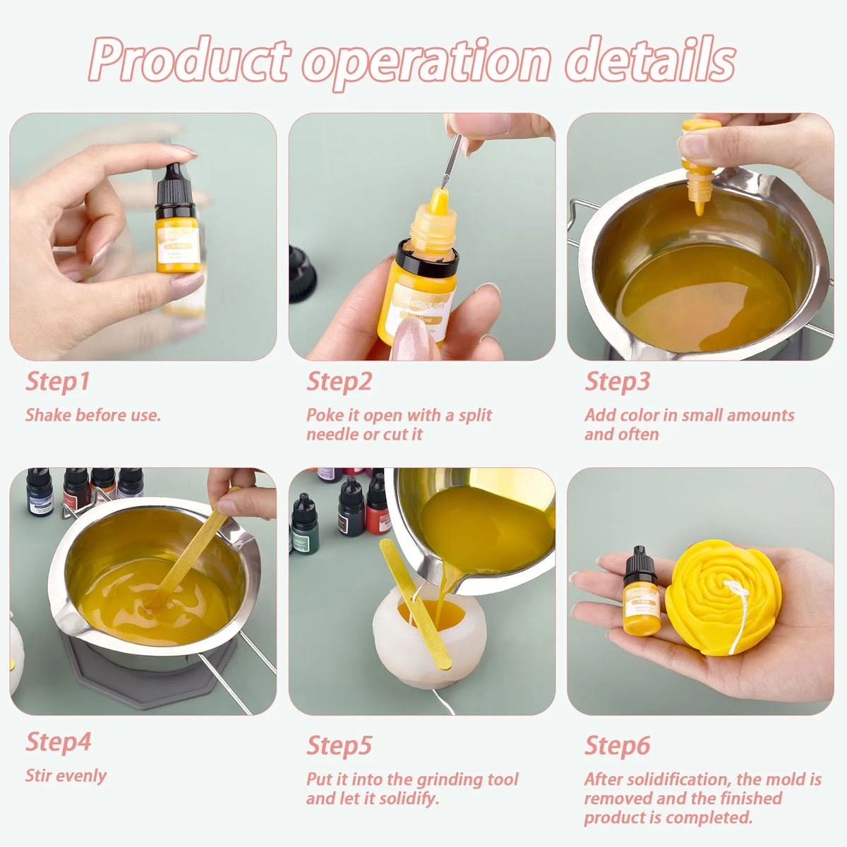 Step-by-step instructions showing how to use a liquid colorant for DIY wax projects, including shaking, adding color, stirrin