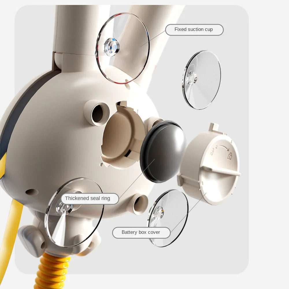 Diagram showing components of a rabbit-shaped electric bath shower toy including the suction cup, seal ring, and battery box 