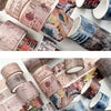 A collection of vintage patterned washi tape rolls in various shades and designs for journaling and scrapbooking.