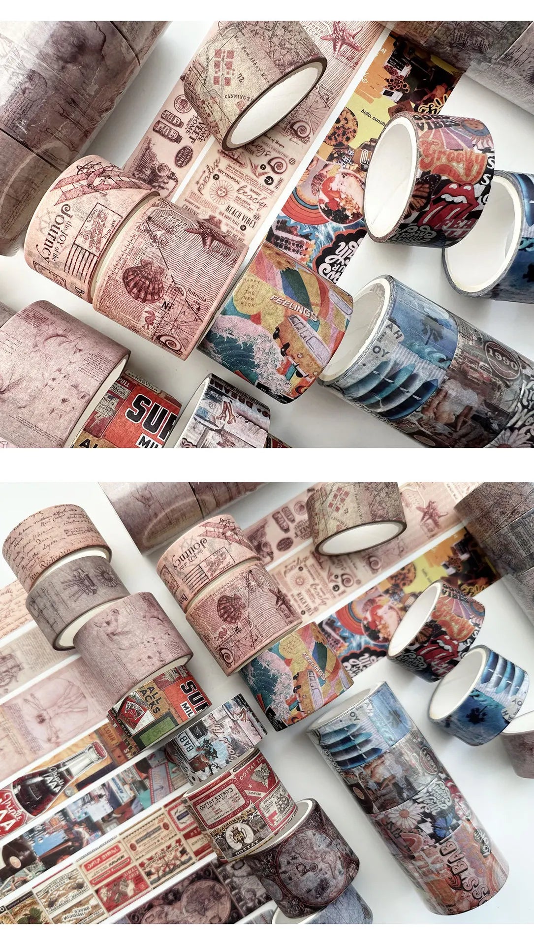 A collection of vintage patterned washi tape rolls in various shades and designs for journaling and scrapbooking.