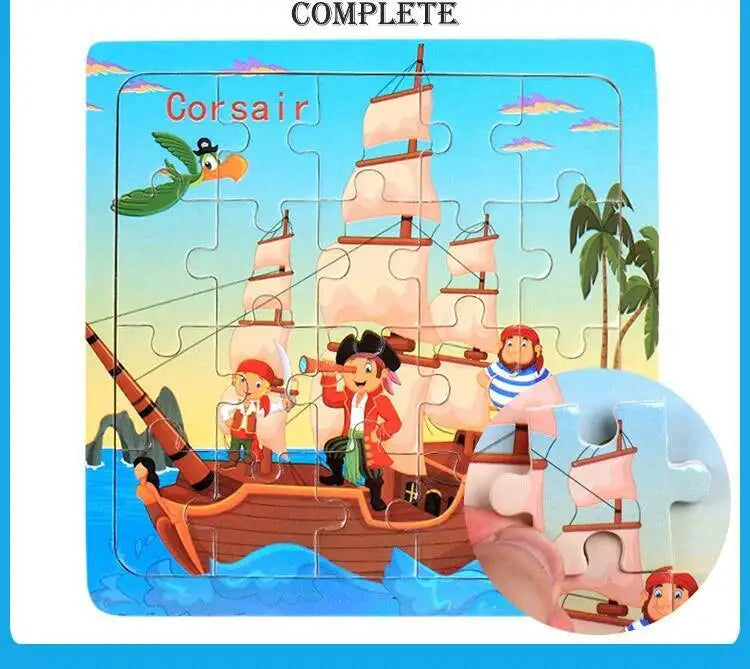 A completed 20-piece wooden puzzle depicting a pirate ship with sails and figures.