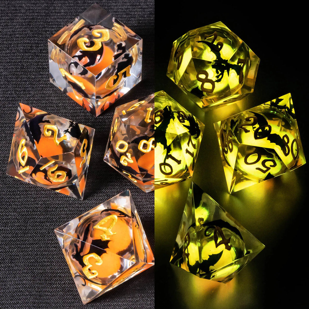 Liquid Core Glow D&D Dice Set with Sharp Edges