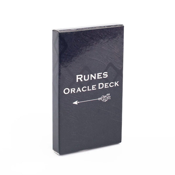 Un paquet de cartes Runes Oracle noir avec texte blanc et une flèche.