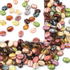 A collection of colorful glass coffee bean beads in various shades and sizes for jewelry making