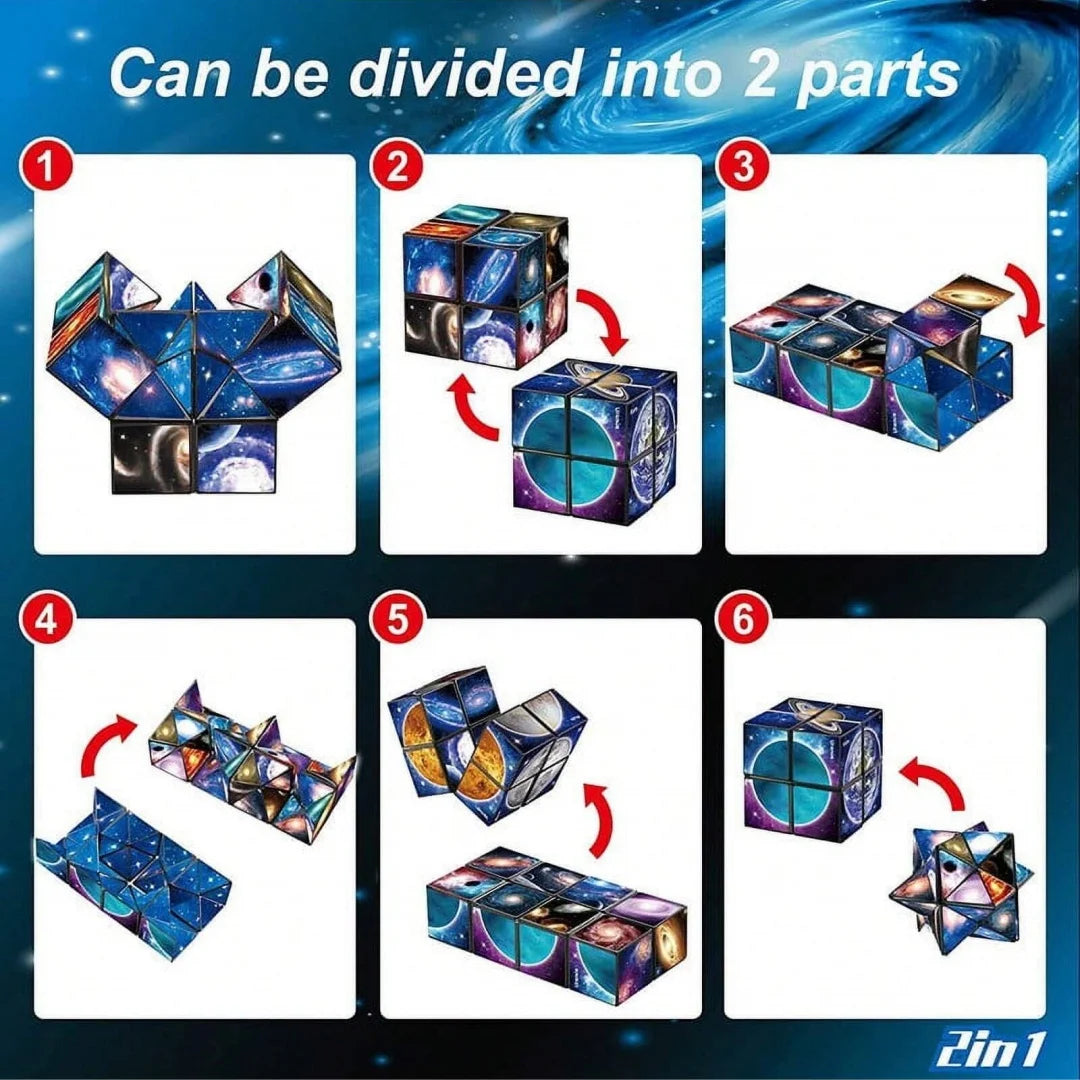 A starry sky transforming cube puzzle shown in six stages of division and transformation.