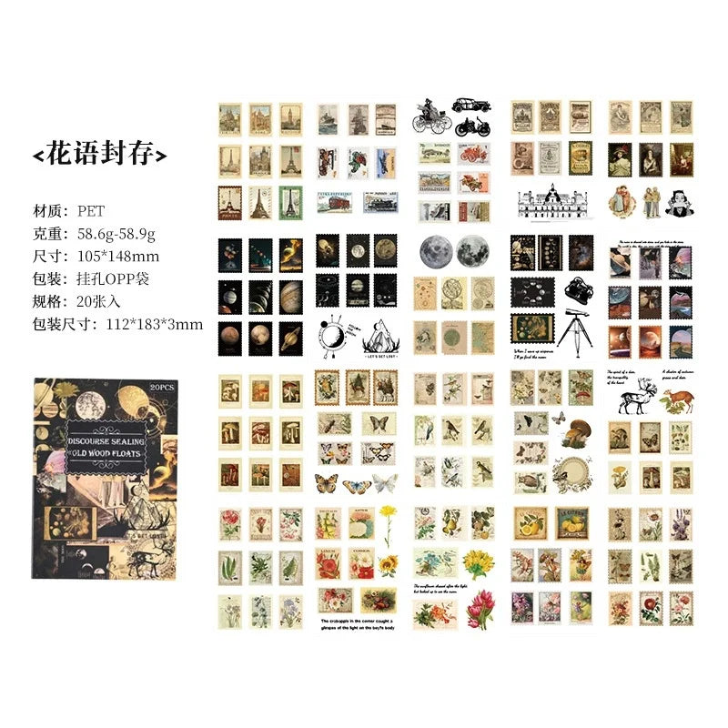 A collection of vintage PET sticker sheets for journaling and scrapbooking featuring various designs and illustrations.