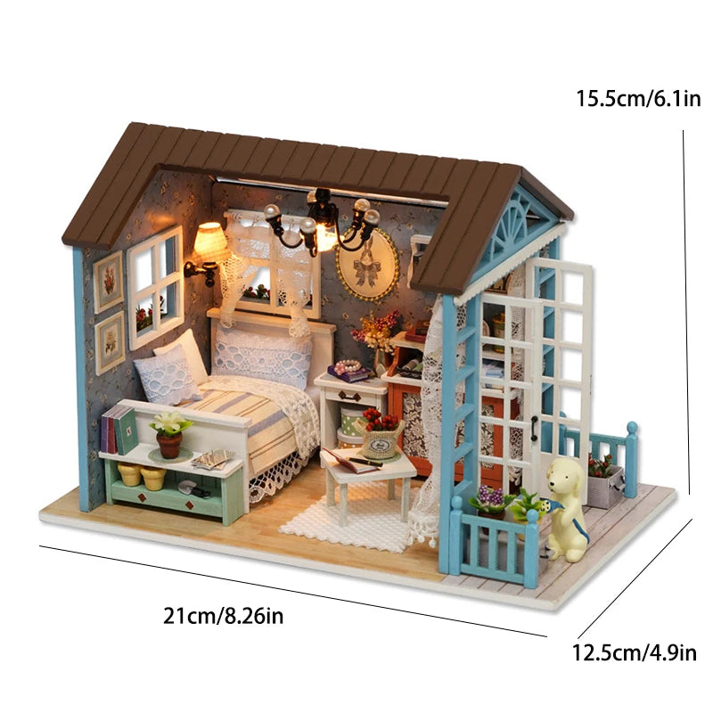 DIY Miniature Wooden Dollhouse Kit with LED Lighting