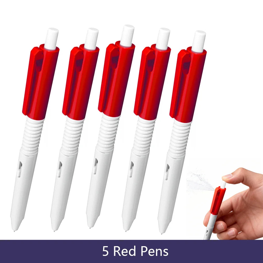Five red squirt water spray pens shown in a row with one pen being used by a hand