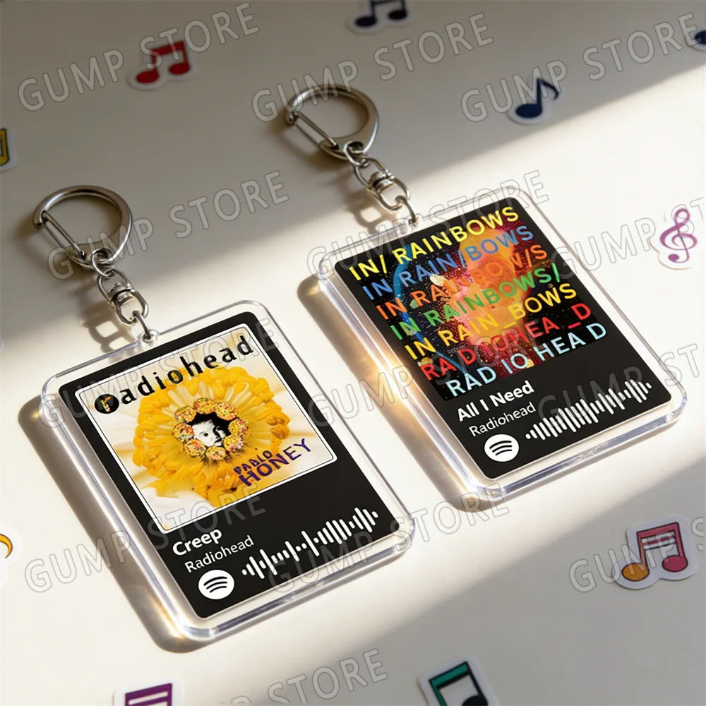 A clear acrylic keychain featuring a yellow flower design and text on the back.