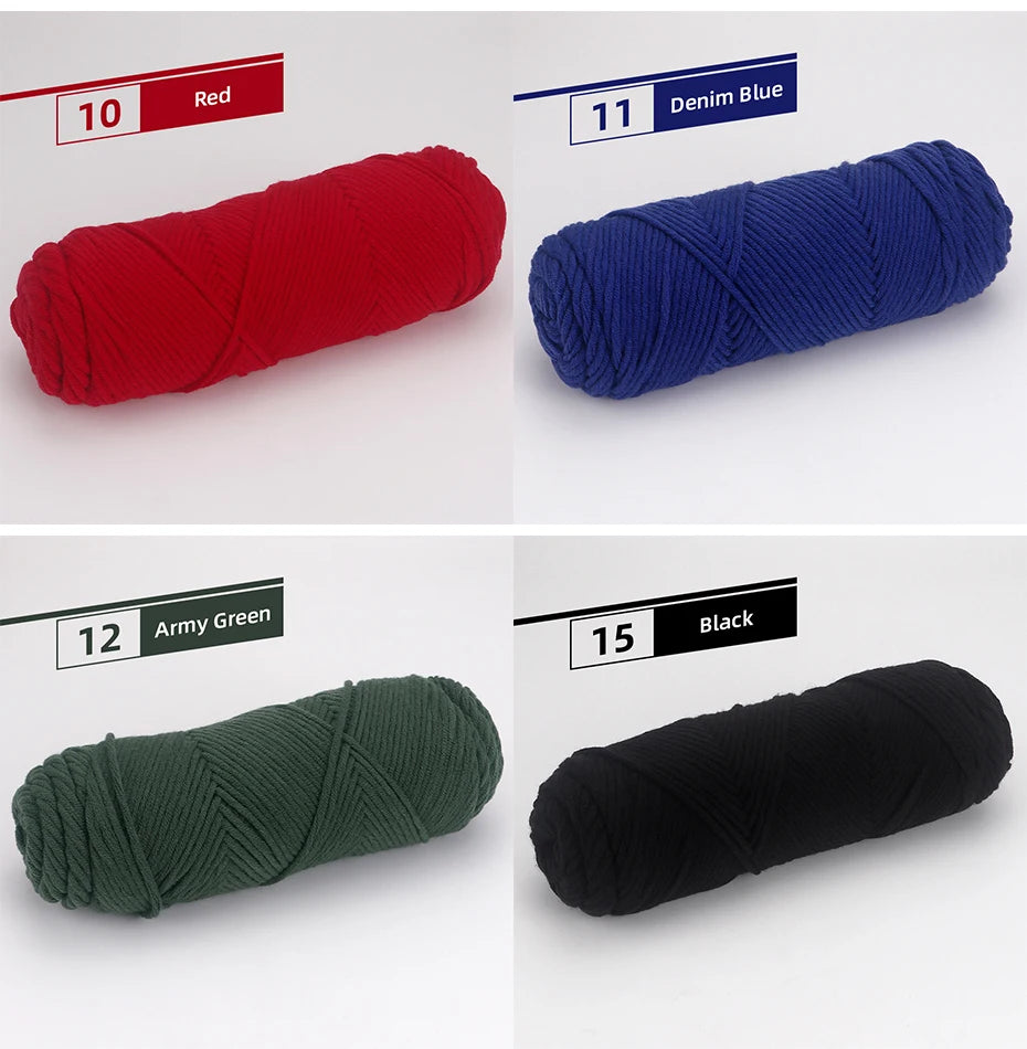 A collection of five skeins of yarn in red, denim blue, army green, and black, shown rolled for knitting or crochet.