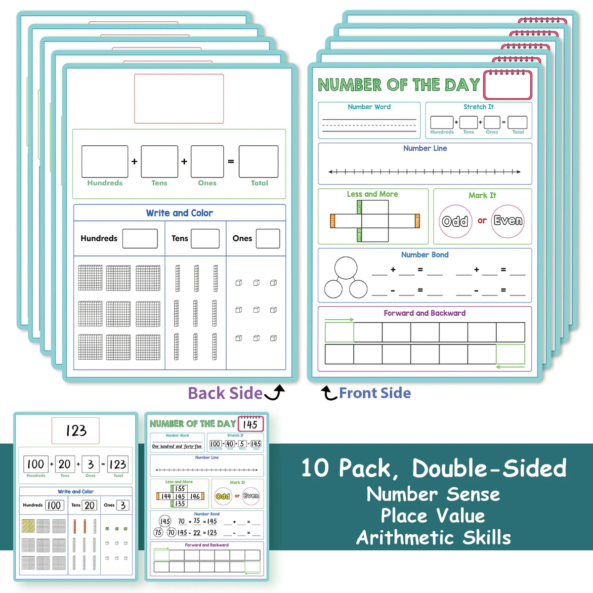 A double-sided number sense place value and arithmetic skills learning chart for kids featuring number lines and activities.