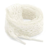 A spool of white flat elastic silk lace shoelaces coiled on a white background.