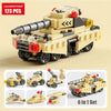 A 6 in 1 set of police helicopter and SWAT carrier vehicle building blocks in yellow and black.
