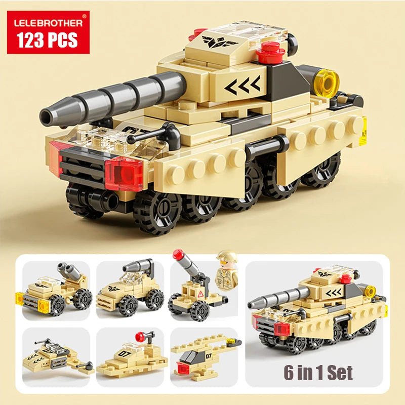 A 6 in 1 set of police helicopter and SWAT carrier vehicle building blocks in yellow and black.