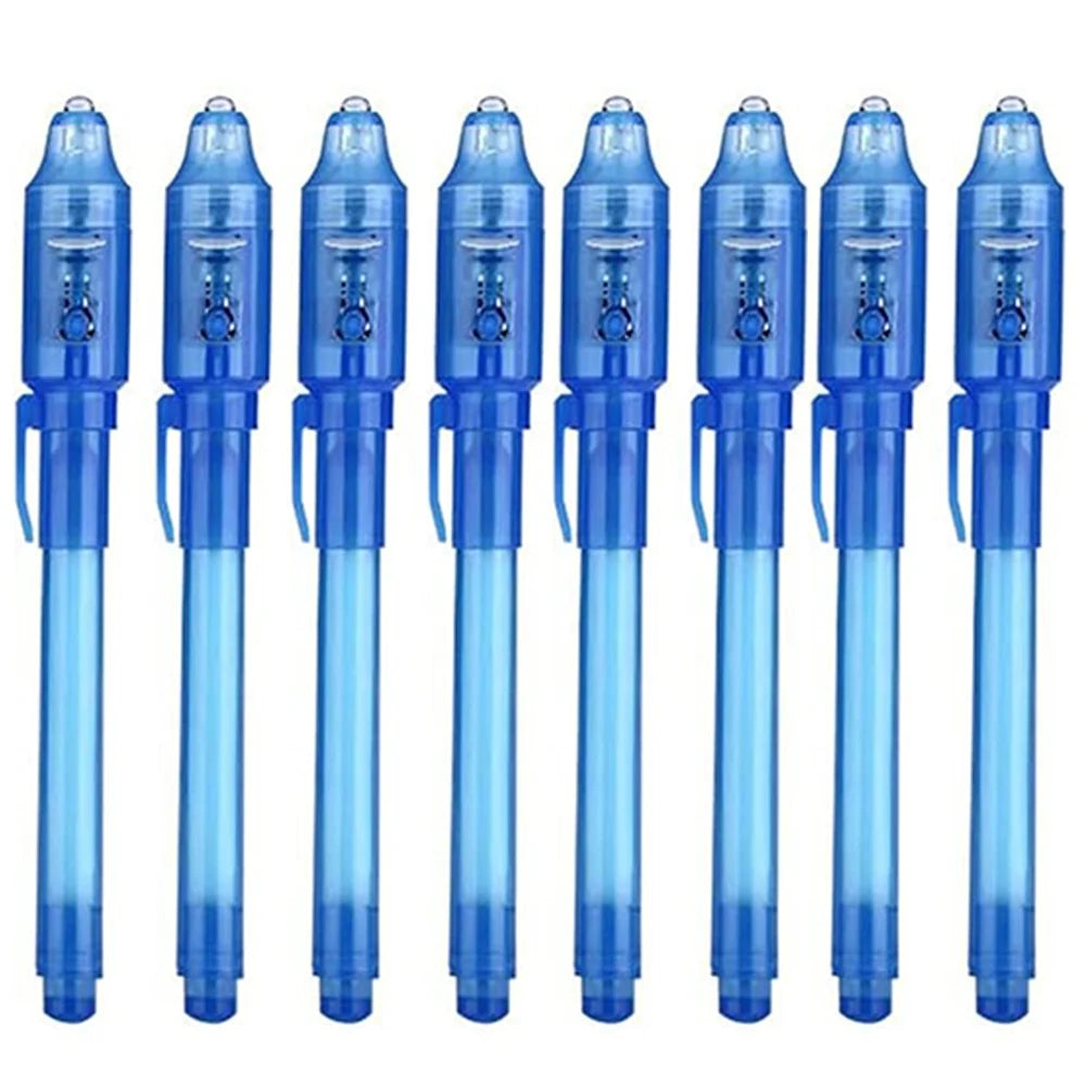 A set of invisible ink spy pens with UV light for writing secret messages