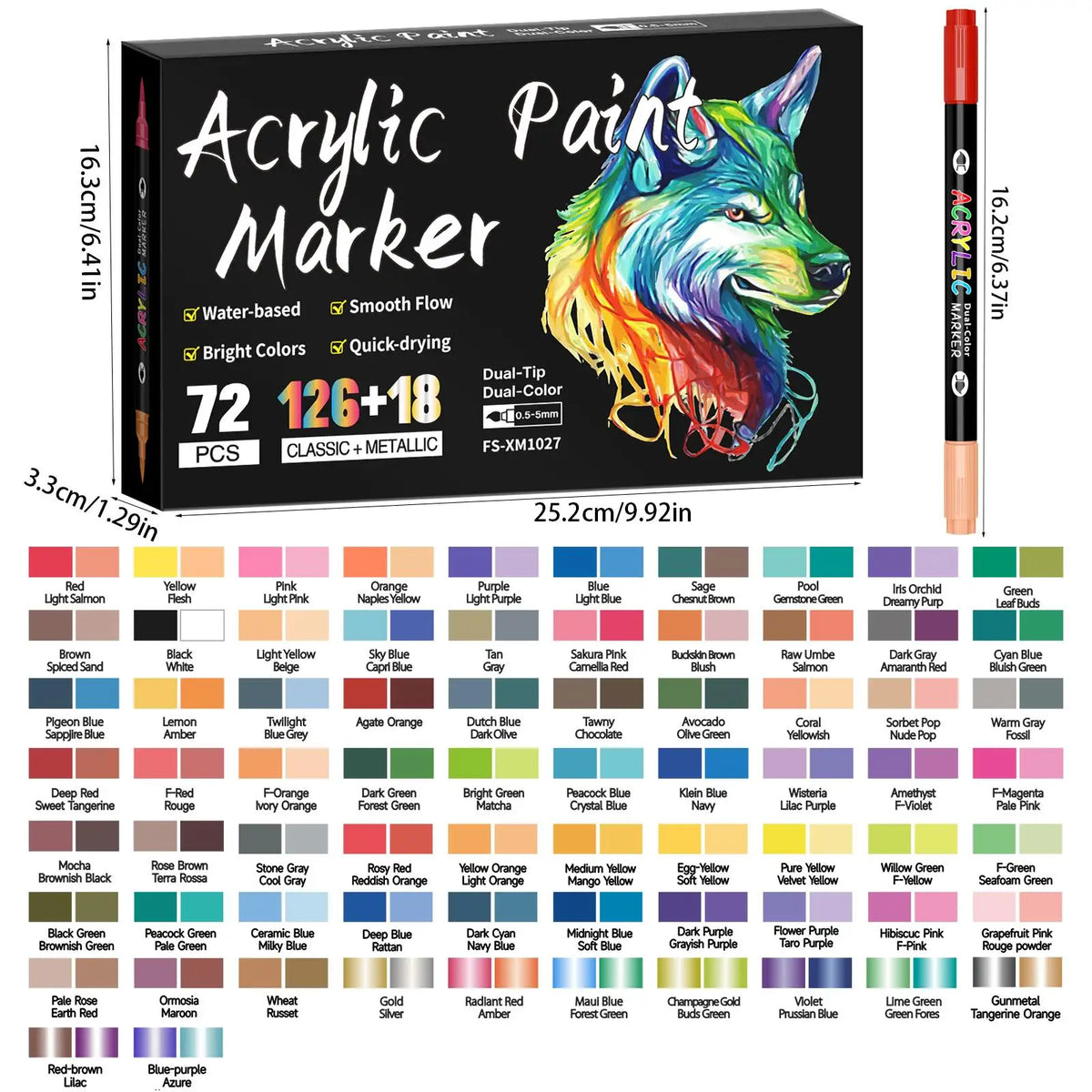 A set of 18 dual-tip acrylic paint markers featuring various colors including reds, yellows, blues, greens, and earth tones.