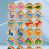 A collection of wooden dinosaur and traffic themed cards for a memory matching game.