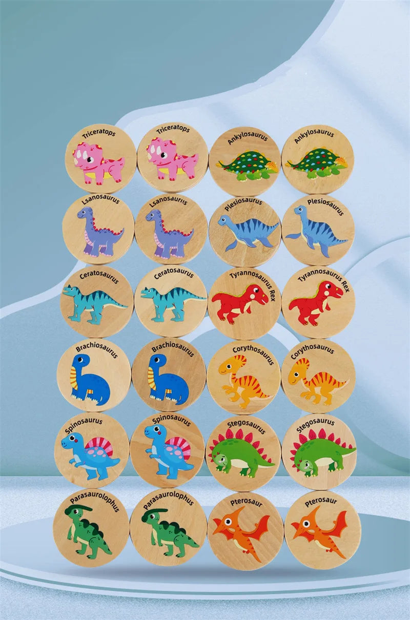 A collection of wooden dinosaur and traffic themed cards for a memory matching game.