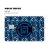 A dark blue and black patterned card skin featuring a circular logo design.