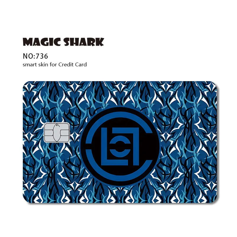 A dark blue and black patterned card skin featuring a circular logo design.
