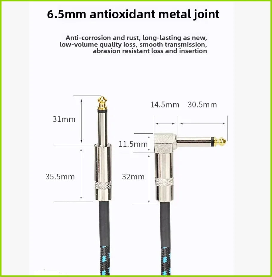 A diagram showing the dimensions of a 6.5mm antioxidant metal joint instrument cable with a right-angle connector.