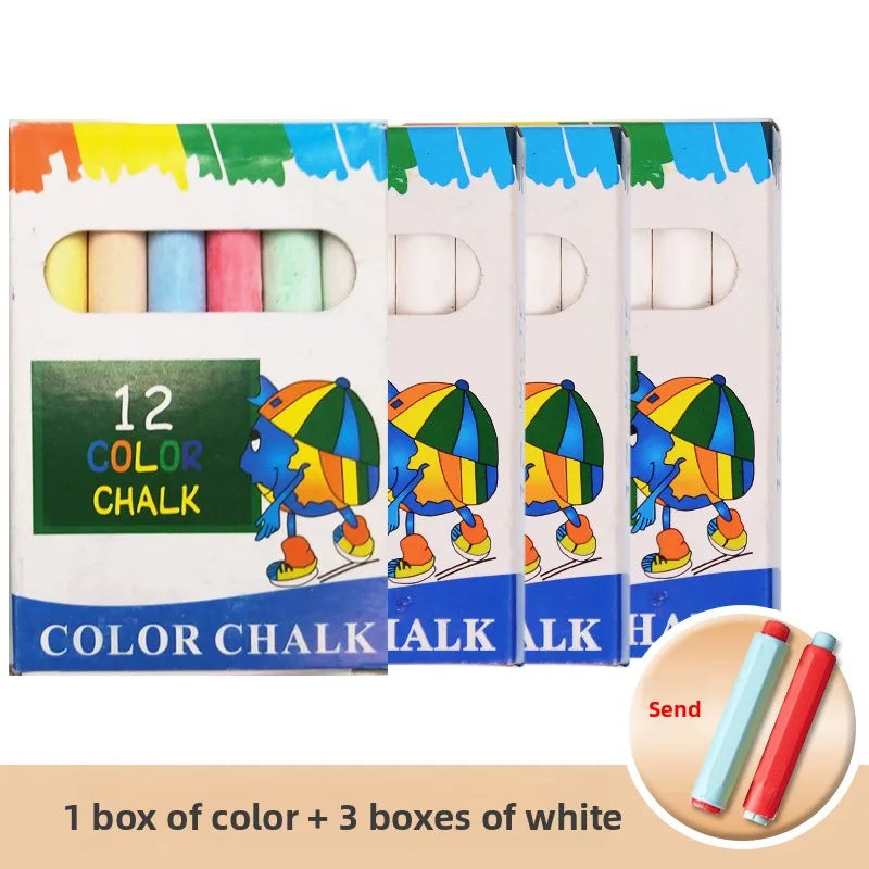 A box of color chalk and three boxes of white chalk, with colored chalk sticks visible.