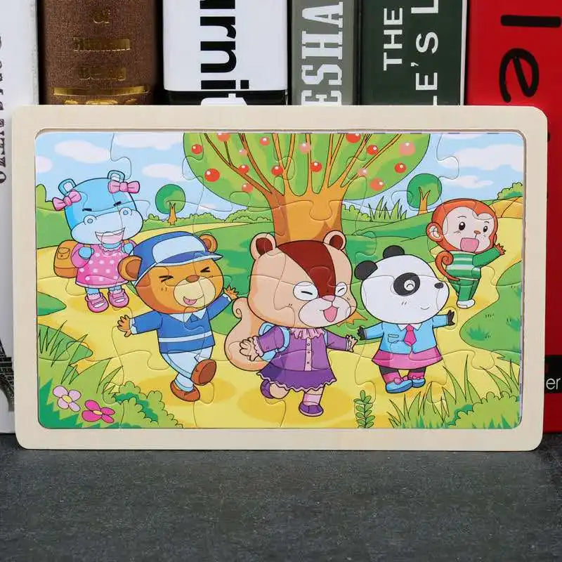A colorful 24-piece wooden jigsaw puzzle featuring four cartoon animals playing in a grassy outdoor setting.