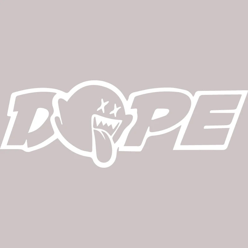 White stylized text DOPE with a tongue sticking out and crossed eyes on a gray background
