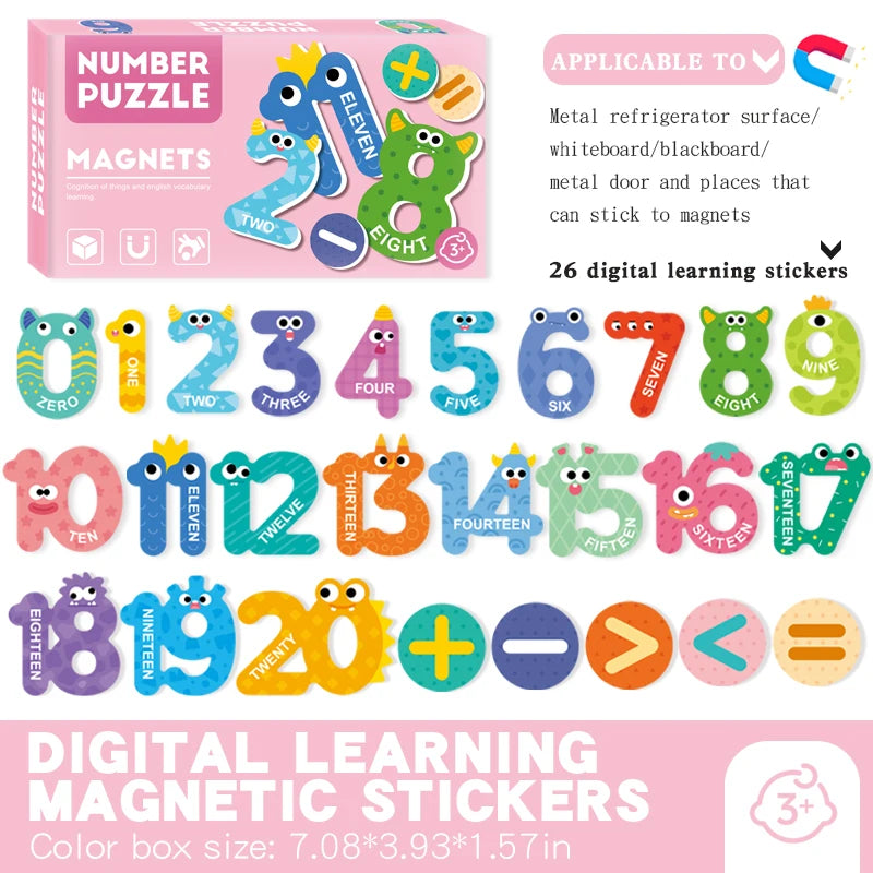 Digital learning magnetic stickers featuring numbers, letters, and animals for children