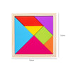 A wooden tangram puzzle set showing seven colored triangular pieces arranged within a square frame.