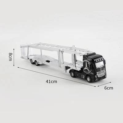 A black 1:50 scale diecast container truck with pull-back action, featuring sound and light effects.