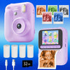 A pink instant print camera is shown with several printed photos and a display showing a child's face.