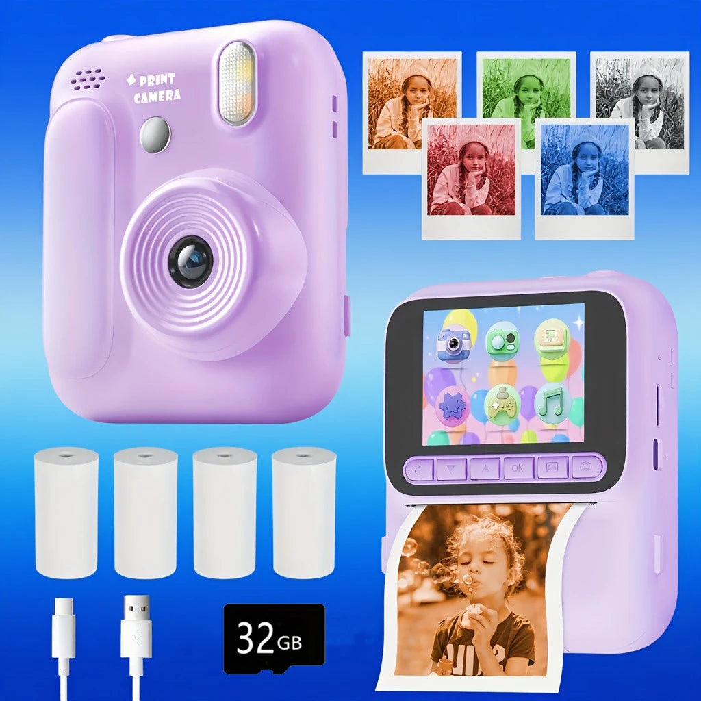 A pink instant print camera is shown with several printed photos and a display showing a child's face.