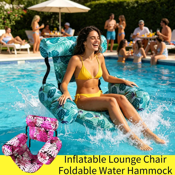 A woman relaxing in a blue swimming pool on an inflatable lounge chair.