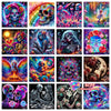 A collection of 12 diamond painting images featuring skulls, flowers, and vibrant colors.