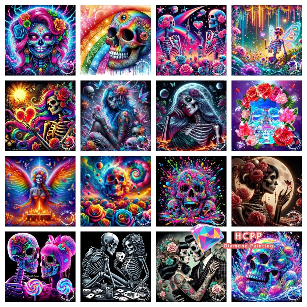A collection of 12 diamond painting images featuring skulls, flowers, and vibrant colors.