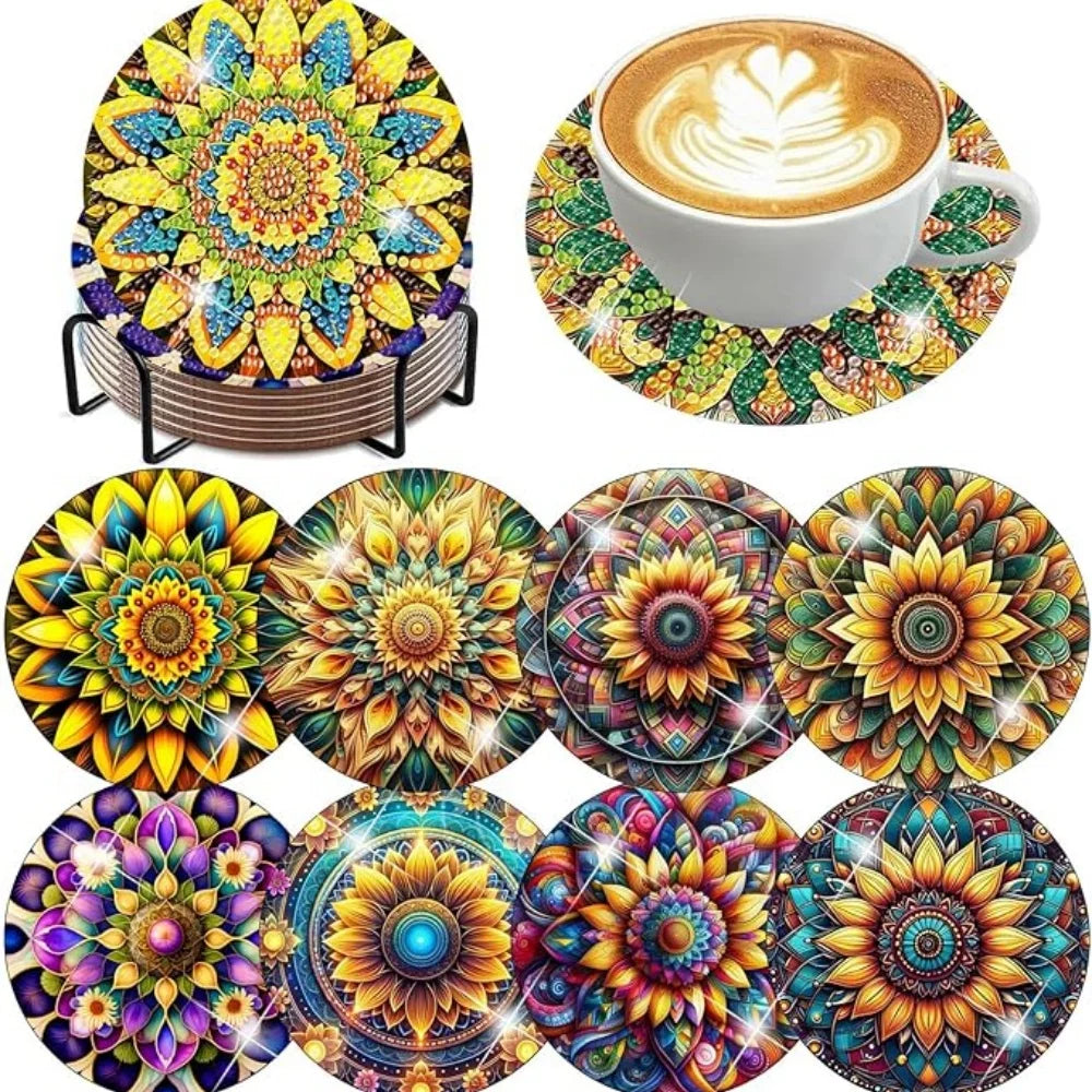 A set of floral diamond painting coasters featuring vibrant colors and detailed designs, displayed on a metal holder.