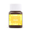 A small glass jar of yellow textile fabric dye powder with a white cap.