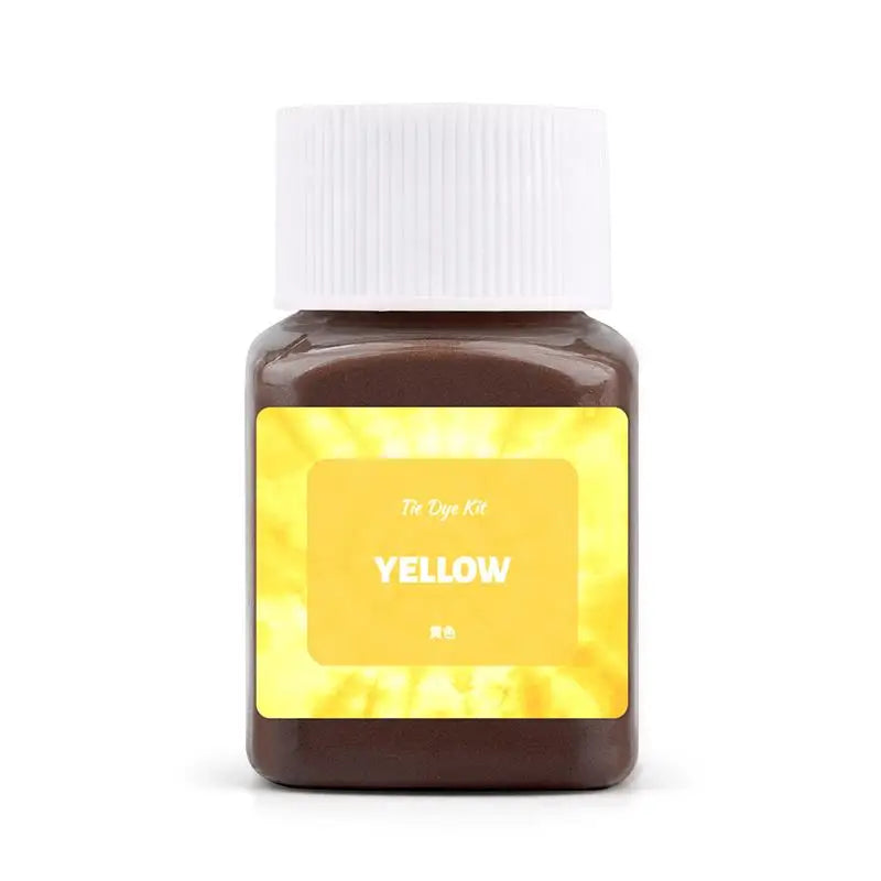 A small glass jar of yellow textile fabric dye powder with a white cap.