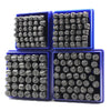A set of 36 carbon steel number and letter stamping pins organized in blue plastic compartments.