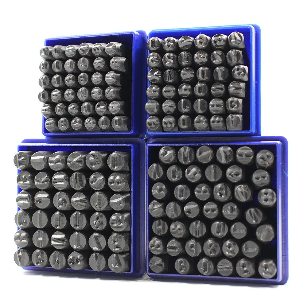 A set of 36 carbon steel number and letter stamping pins organized in blue plastic compartments.