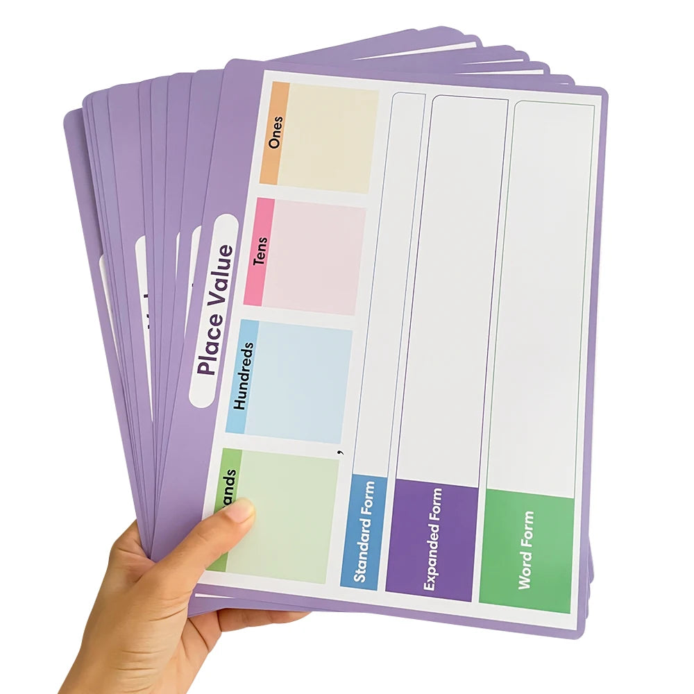 A hand holds a stack of purple place value learning posters for kids with dry erase math charts.
