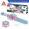 A Spirit Wind Panda toy set featuring a pink and teal sword launcher, accessories, and a metal spinning top.